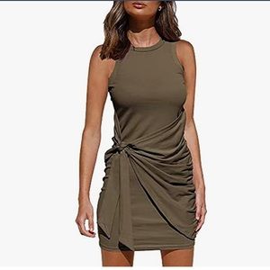 Sleeveless Crew Neck Tank Dress Tie Waist Ruched Bodycon- brown - (BNIP)